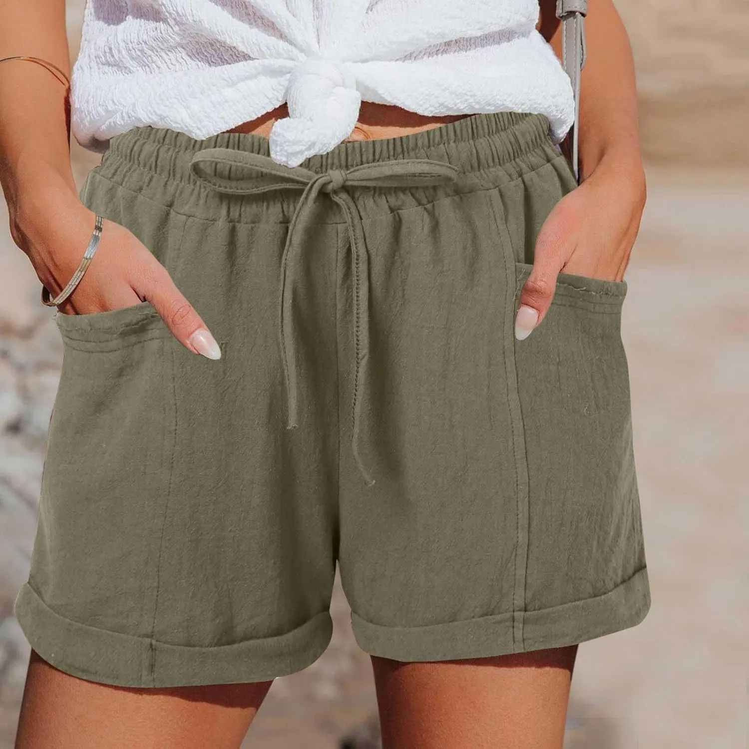 Cotton Linen Womens Shorts Baggy Comfy Beach Vacation Clothes Lightweight Workout Shorts Bottoms with Side Pockets