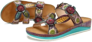 CrazycatZ Leather Sandals,Women Leather Bohemian Colorful Floral Leather Sandals