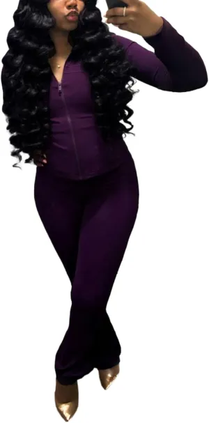 cu4eve Womens Two Piece Outfits Fall Workout Zip Up Sweatshirt And Jogger Flare Yoga Pants Gym Sweat Suits 2 Piece Set