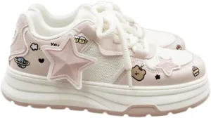 Cute Platform Sneakers for Women - Breathable Pastel Color Fashion Shoes with Star Appliqué and Adorable Cartoon Patches, Comfortable Chunky Sole Walking Shoes