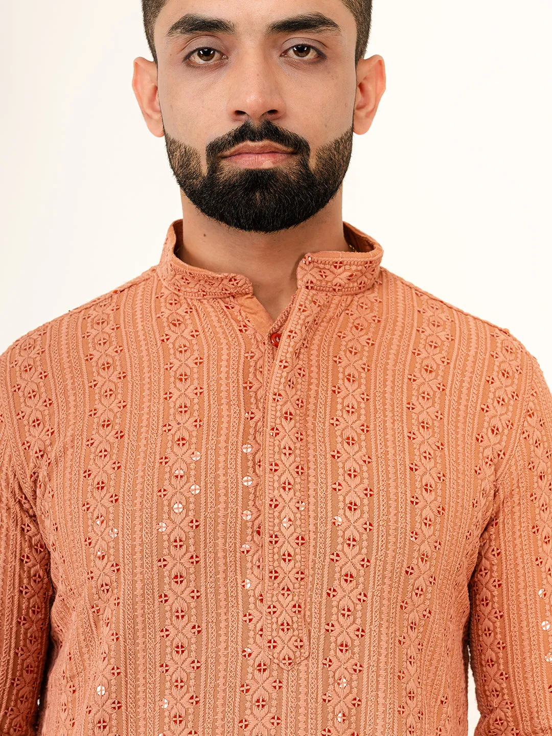 Dark Peach Sequence Designer Cotton Embroidered kurta for Men