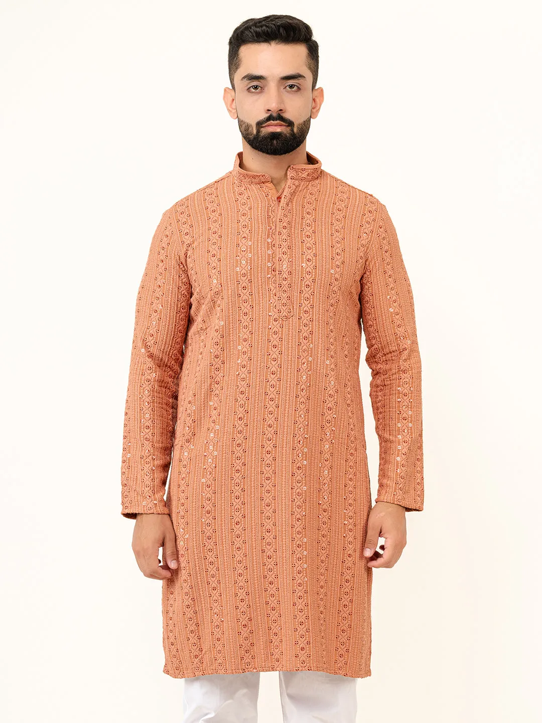 Dark Peach Sequence Designer Cotton Embroidered kurta for Men