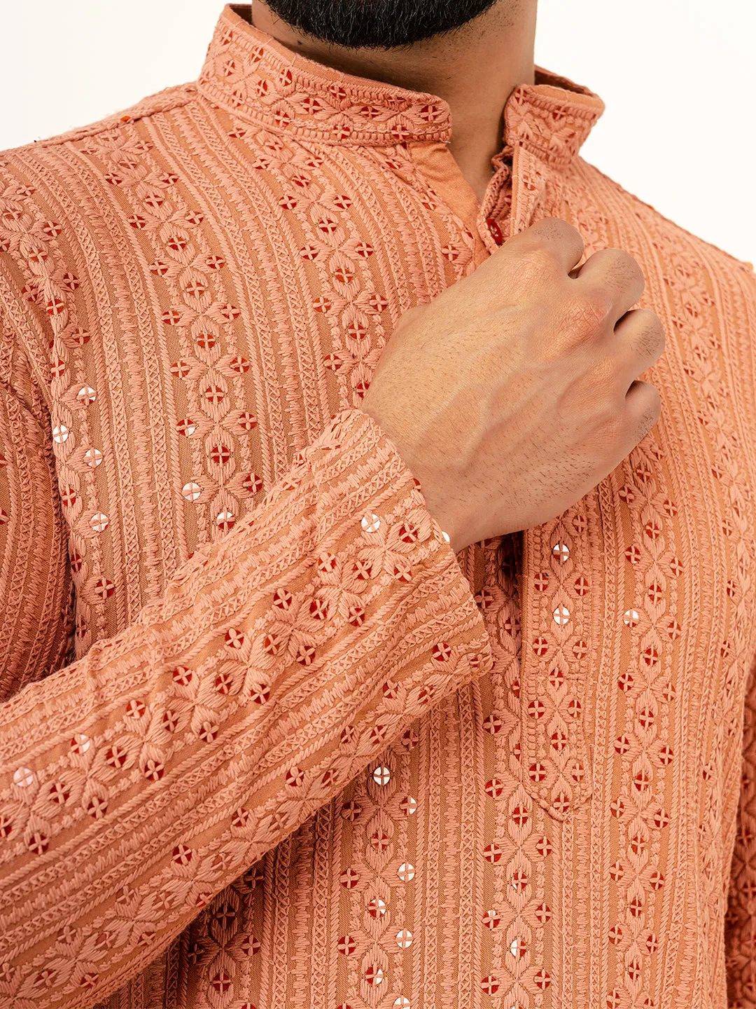 Dark Peach Sequence Designer Cotton Embroidered kurta for Men