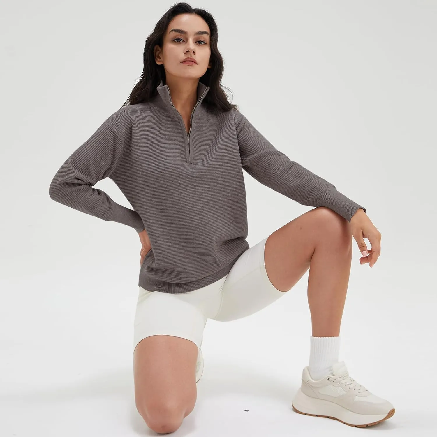 DEEP SELF Fall Women V Neck 1/4 Zip Pullover Stretch Sweater Long Sleeve Stand Collared Ribbed Knitted Solid Sweaters