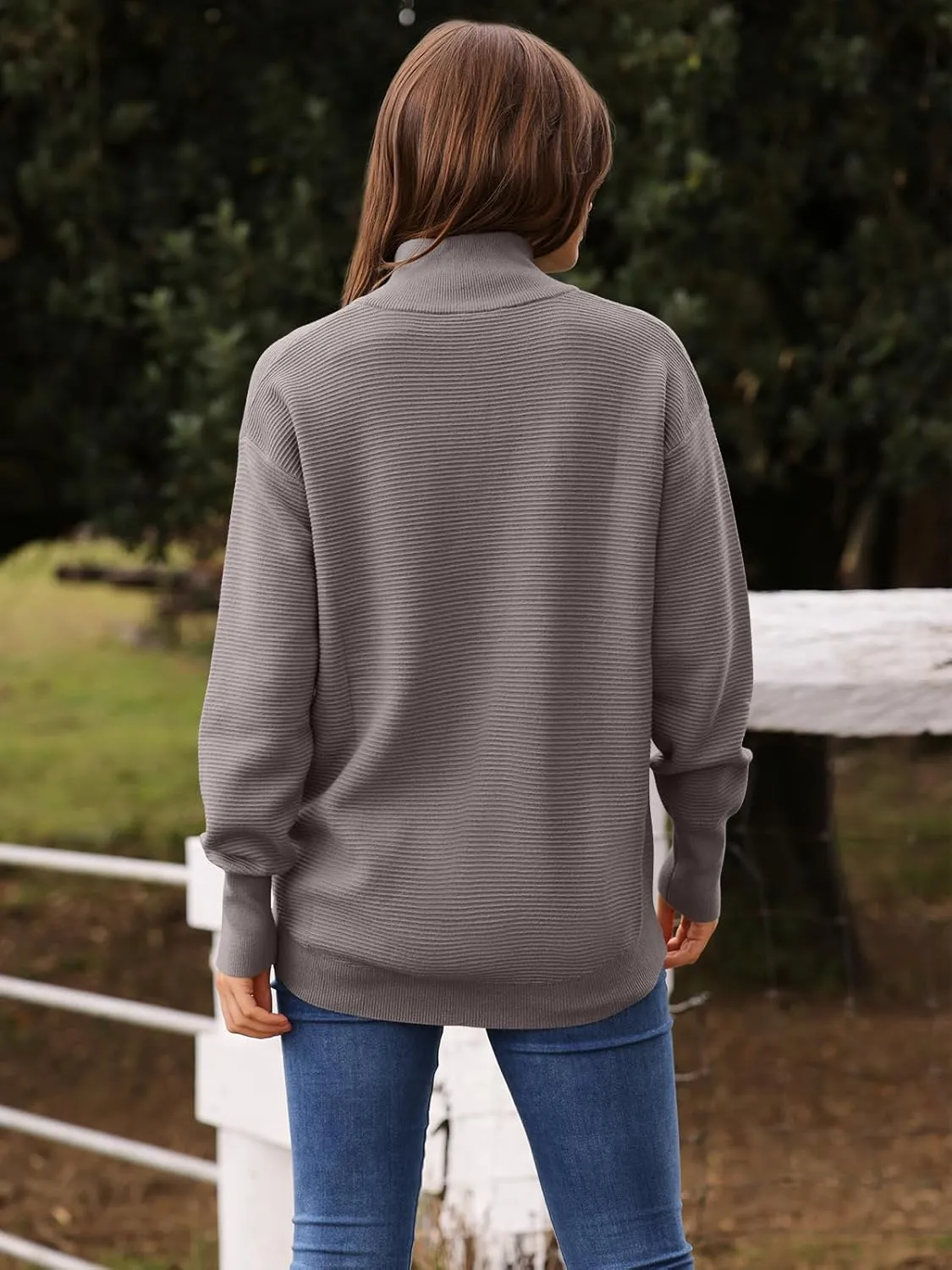 DEEP SELF Fall Women V Neck 1/4 Zip Pullover Stretch Sweater Long Sleeve Stand Collared Ribbed Knitted Solid Sweaters