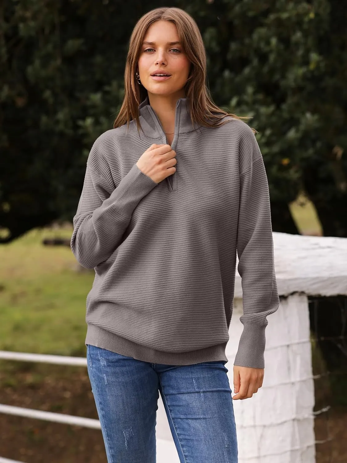 DEEP SELF Fall Women V Neck 1/4 Zip Pullover Stretch Sweater Long Sleeve Stand Collared Ribbed Knitted Solid Sweaters