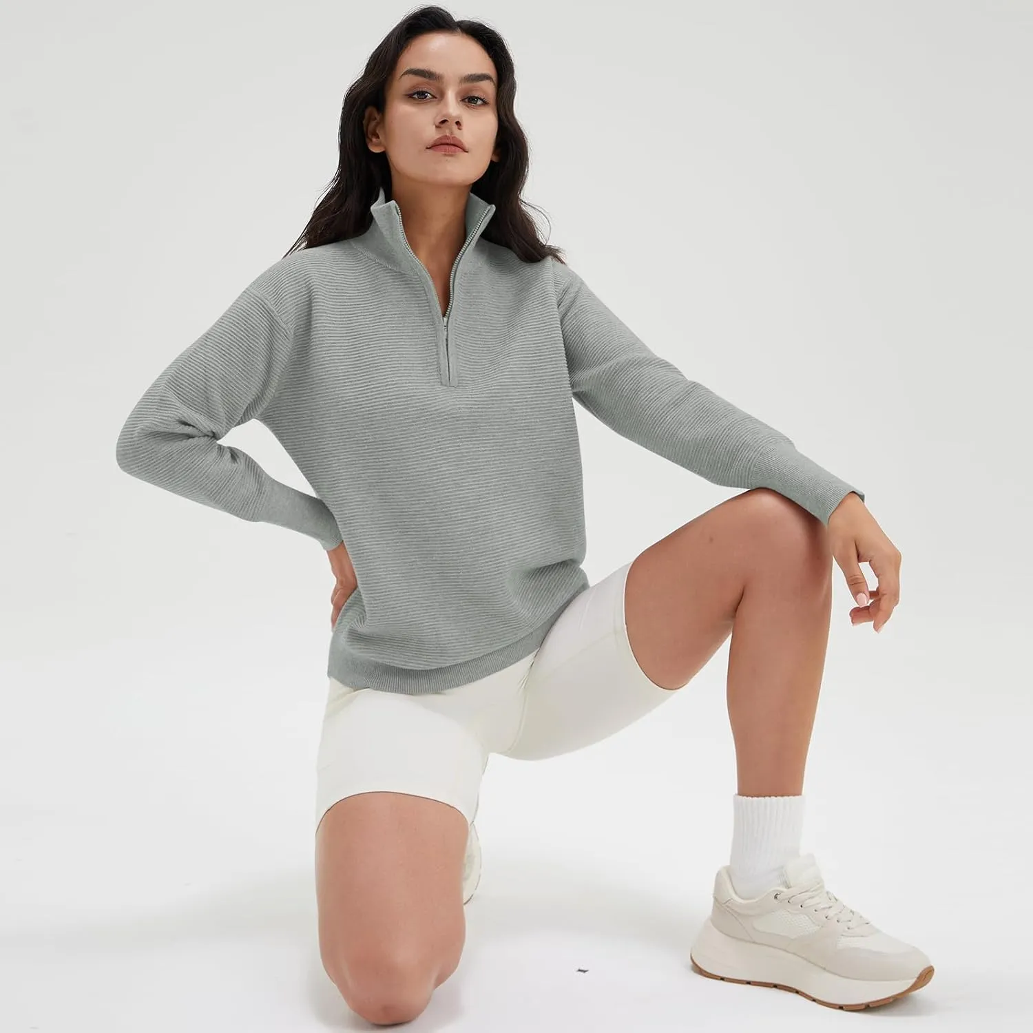 DEEP SELF Fall Women V Neck 1/4 Zip Pullover Stretch Sweater Long Sleeve Stand Collared Ribbed Knitted Solid Sweaters