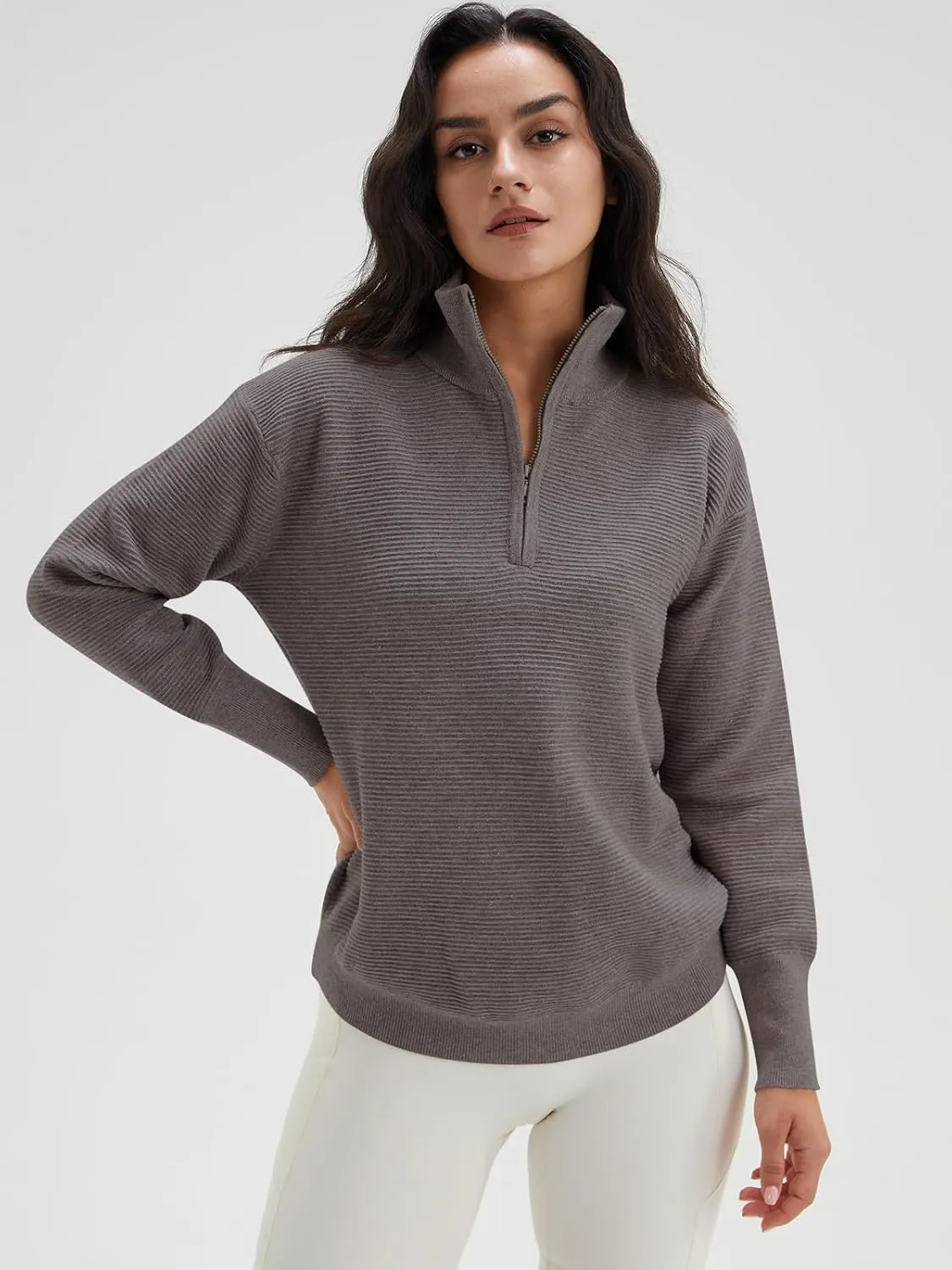 DEEP SELF Fall Women V Neck 1/4 Zip Pullover Stretch Sweater Long Sleeve Stand Collared Ribbed Knitted Solid Sweaters