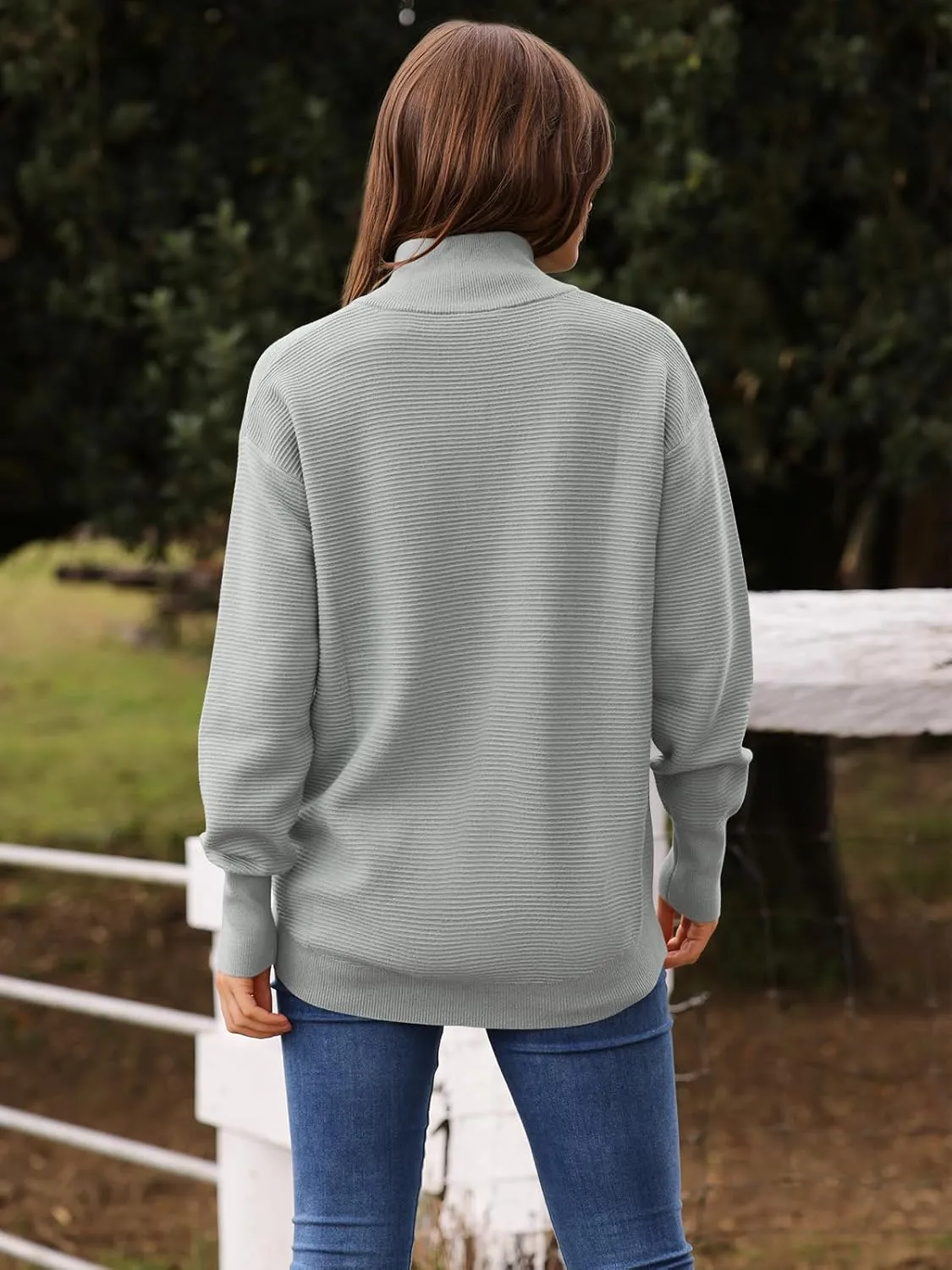 DEEP SELF Fall Women V Neck 1/4 Zip Pullover Stretch Sweater Long Sleeve Stand Collared Ribbed Knitted Solid Sweaters