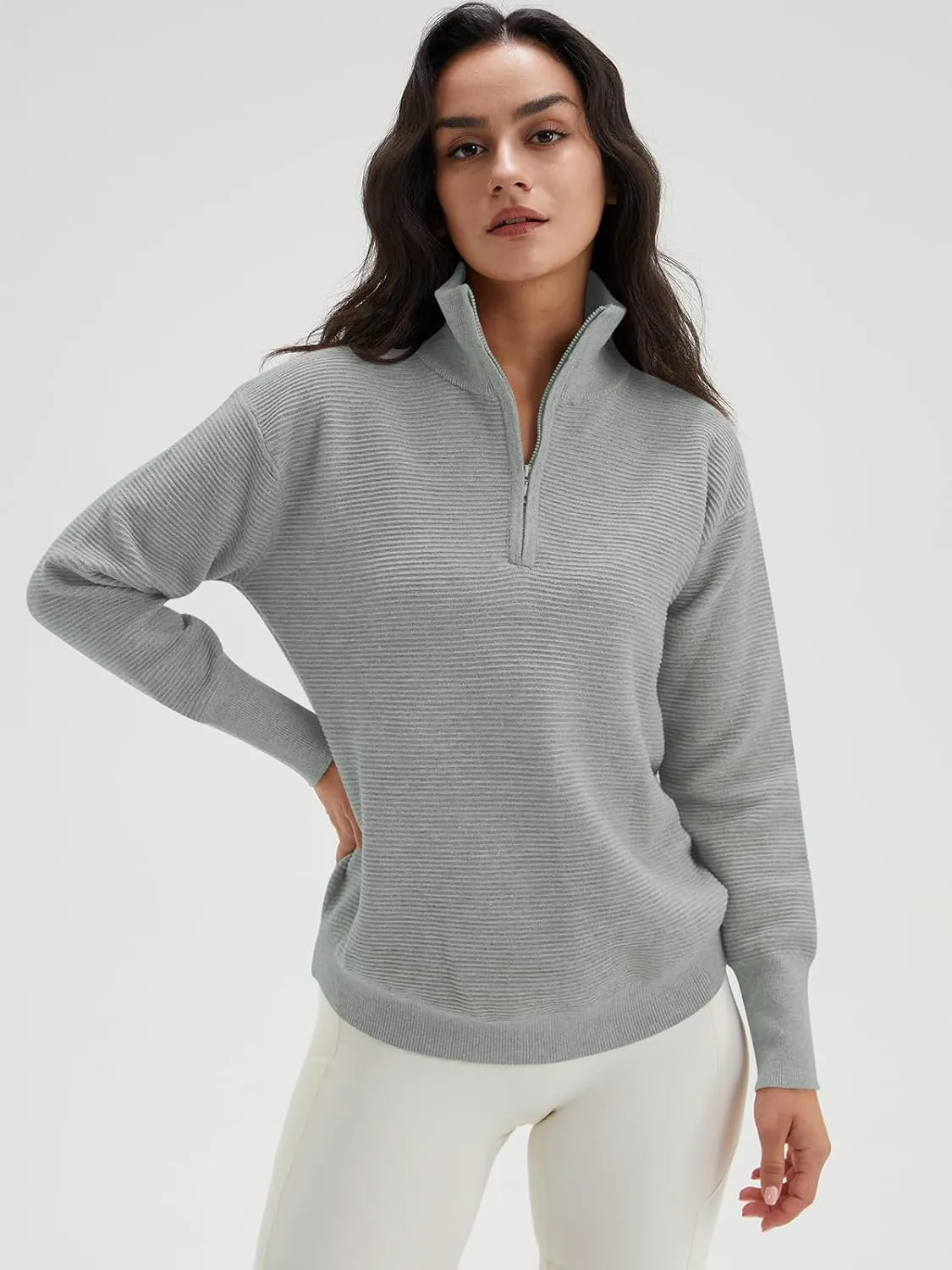DEEP SELF Fall Women V Neck 1/4 Zip Pullover Stretch Sweater Long Sleeve Stand Collared Ribbed Knitted Solid Sweaters