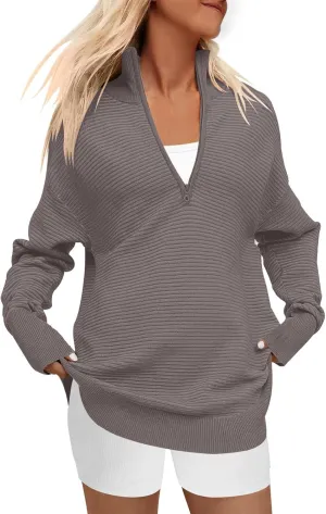 DEEP SELF Fall Women V Neck 1/4 Zip Pullover Stretch Sweater Long Sleeve Stand Collared Ribbed Knitted Solid Sweaters