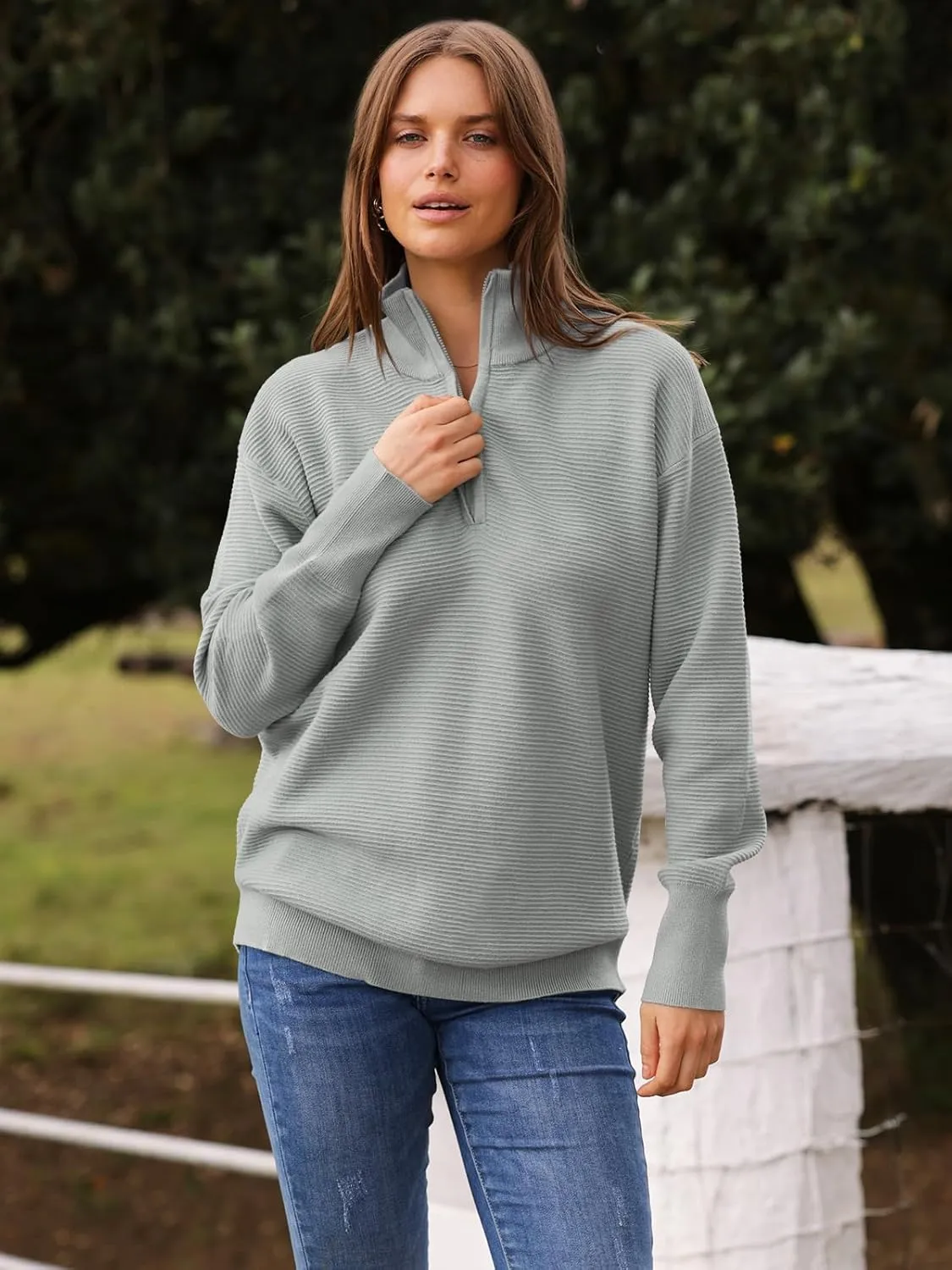 DEEP SELF Fall Women V Neck 1/4 Zip Pullover Stretch Sweater Long Sleeve Stand Collared Ribbed Knitted Solid Sweaters