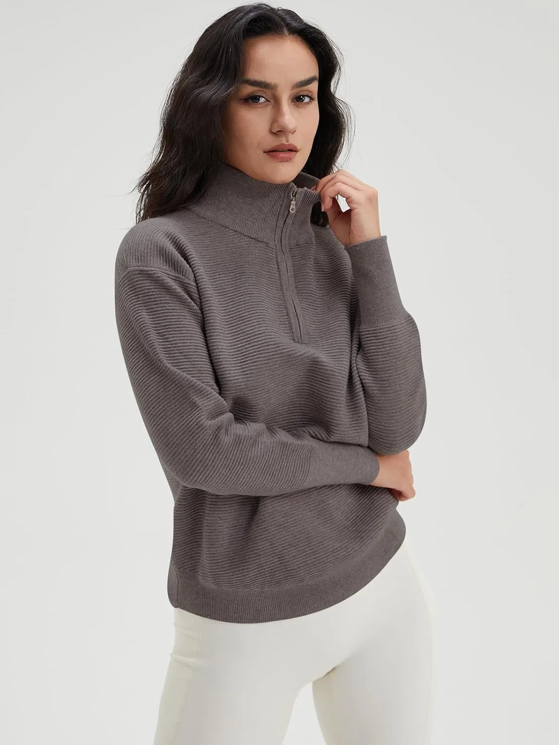 DEEP SELF Fall Women V Neck 1/4 Zip Pullover Stretch Sweater Long Sleeve Stand Collared Ribbed Knitted Solid Sweaters