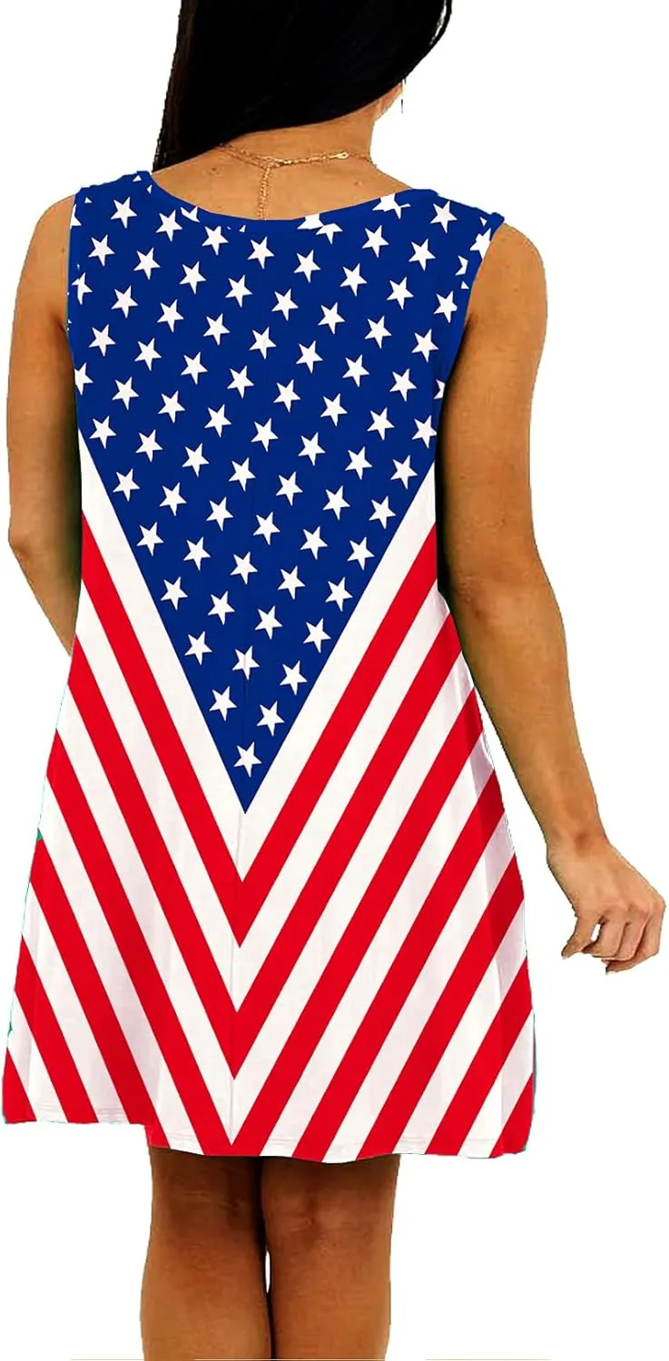 Deerose Women 4th of July Sleeeveless Dress Patriotic V Neck Tank Dresses with Pockets
