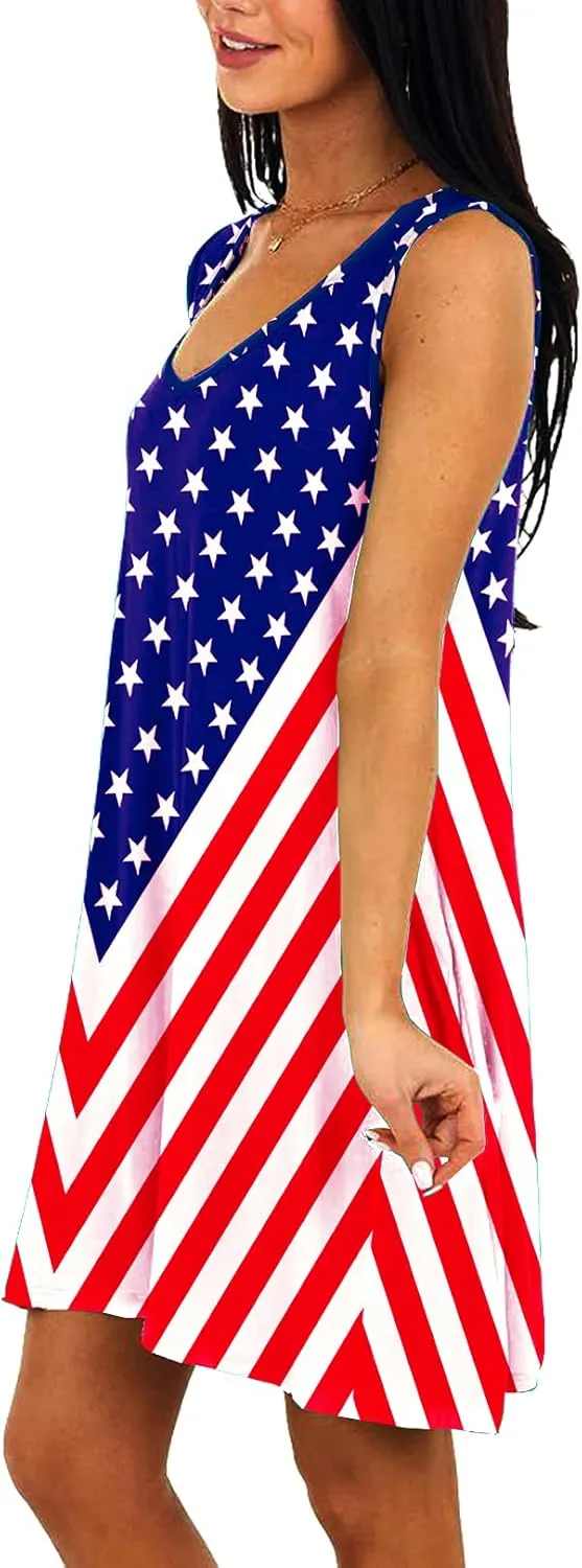 Deerose Women 4th of July Sleeeveless Dress Patriotic V Neck Tank Dresses with Pockets