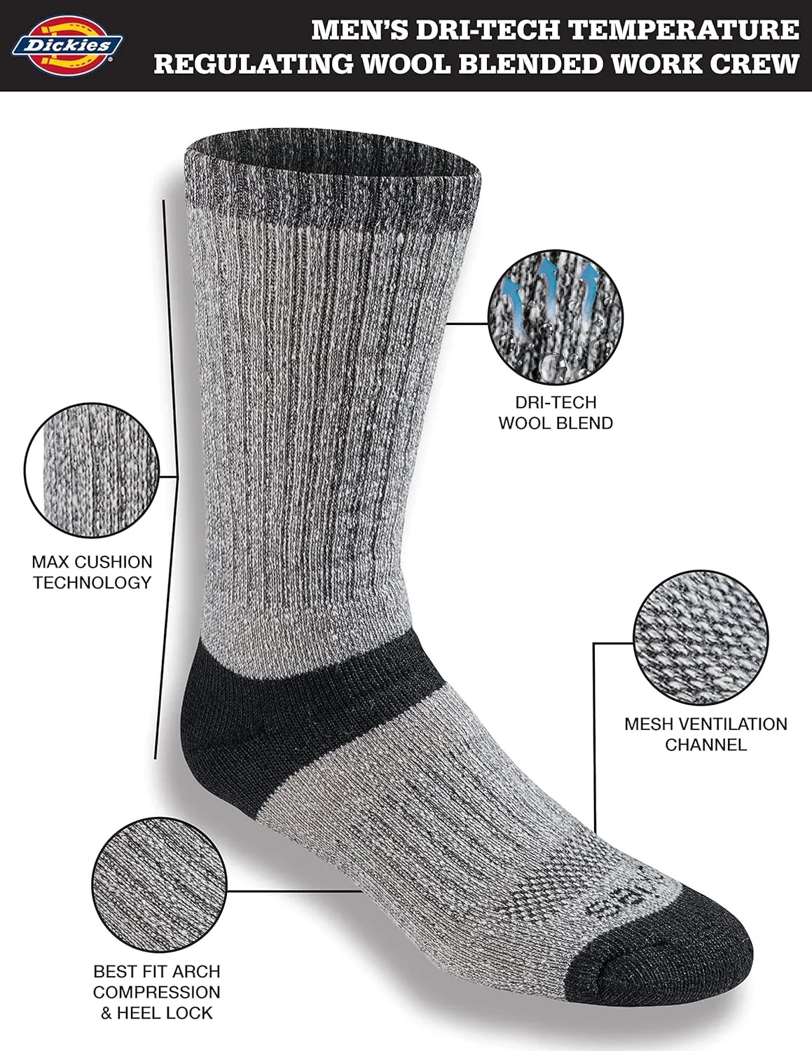 Dickies Men's Dri-tech Moisture Control Max Full Cushion Crew Socks, Available in M-XL (6, 12 Pairs)