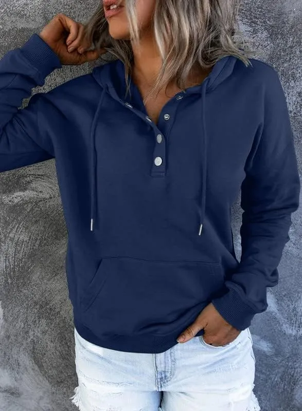 Dokotoo Womens 2025 Hoodies Button Collar Drawstring Hooded Pullover Sweatshirt Casual Long Sleeve Tops Shirts
