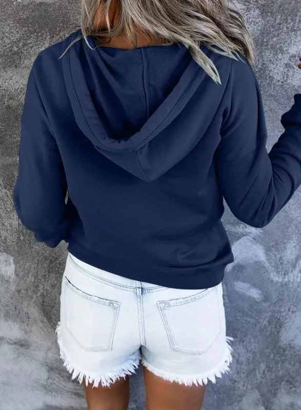 Dokotoo Womens 2025 Hoodies Button Collar Drawstring Hooded Pullover Sweatshirt Casual Long Sleeve Tops Shirts