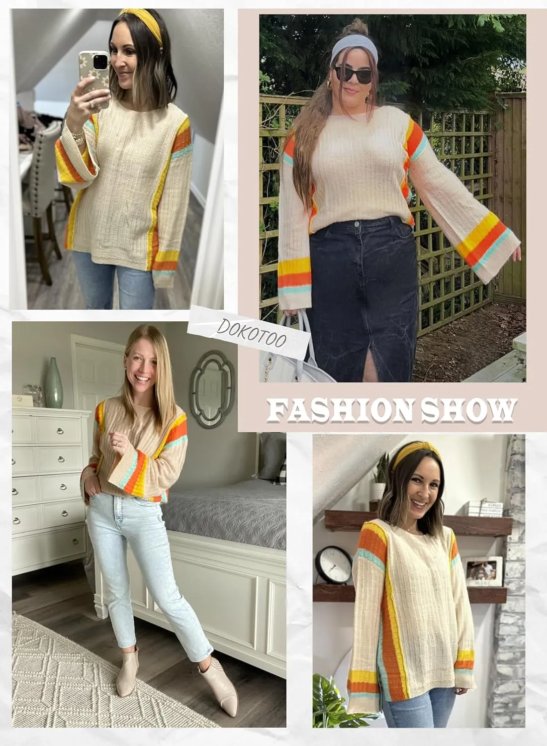 Dokotoo Womens 2025 Summer Casual Color Block Striped Lightweight Comfy Cable Knit Trendy Boho Clothes Pullover Sweaters