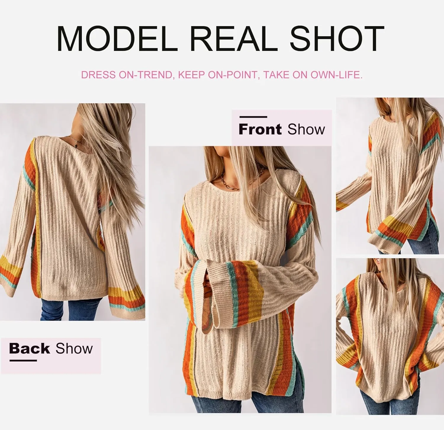 Dokotoo Womens 2025 Summer Casual Color Block Striped Lightweight Comfy Cable Knit Trendy Boho Clothes Pullover Sweaters
