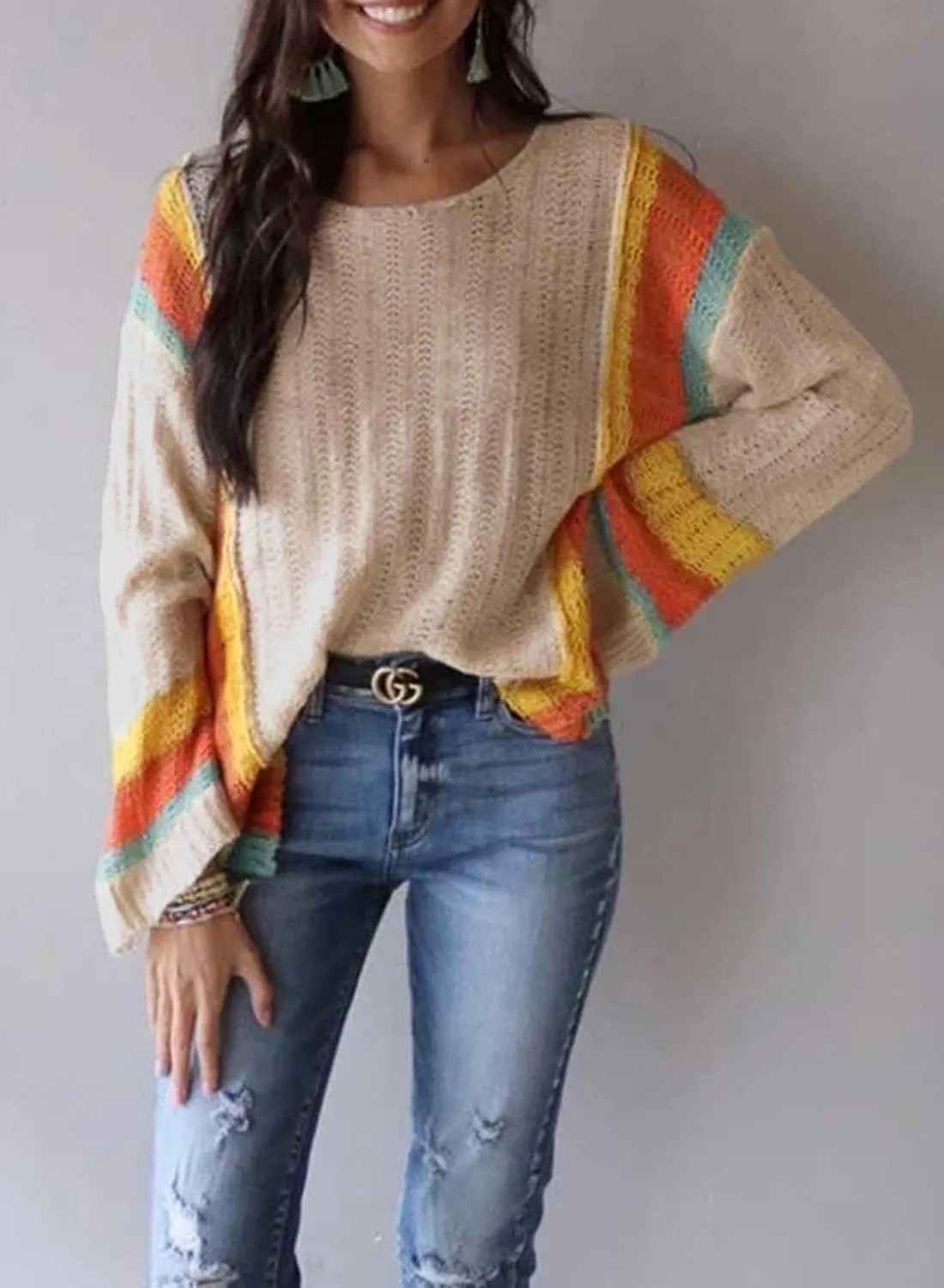 Dokotoo Womens 2025 Summer Casual Color Block Striped Lightweight Comfy Cable Knit Trendy Boho Clothes Pullover Sweaters