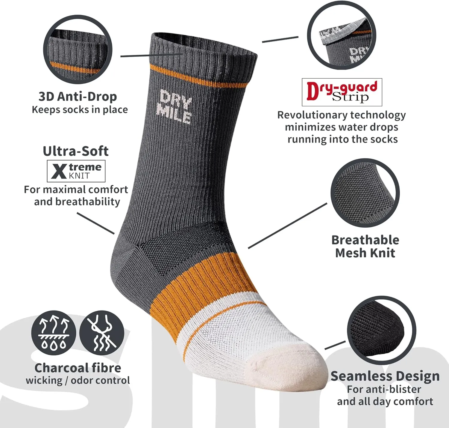 DRYMILE Slim Waterproof Socks, Thin Moisture Wicking Waterproof Socks for Men & Women, Golf, Cycling, Trekking - Crew