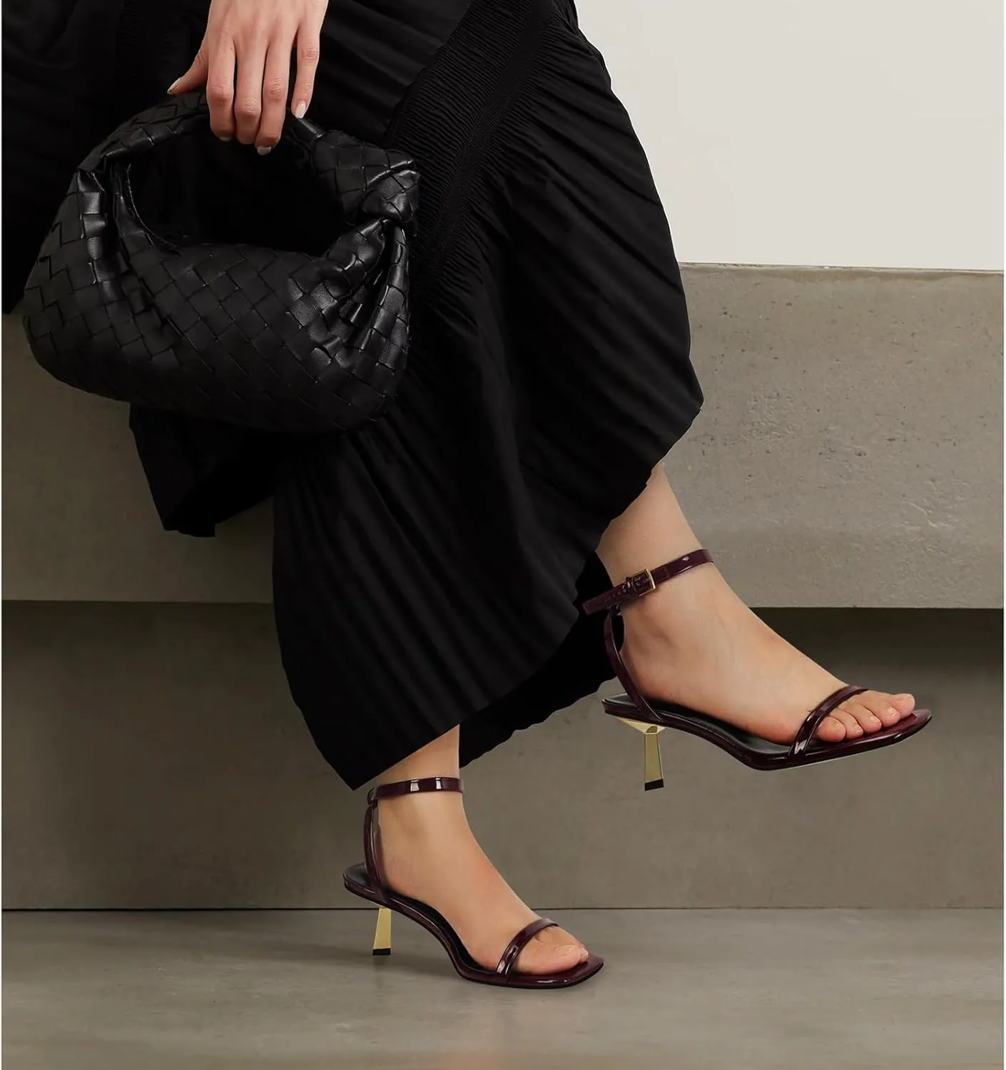Dsevht Gold Strappy Heels for Women Kitten Heel Sandals Open Square Toe Stiletto High Heels with Ankle Strap Comfort Dress Party Shoes