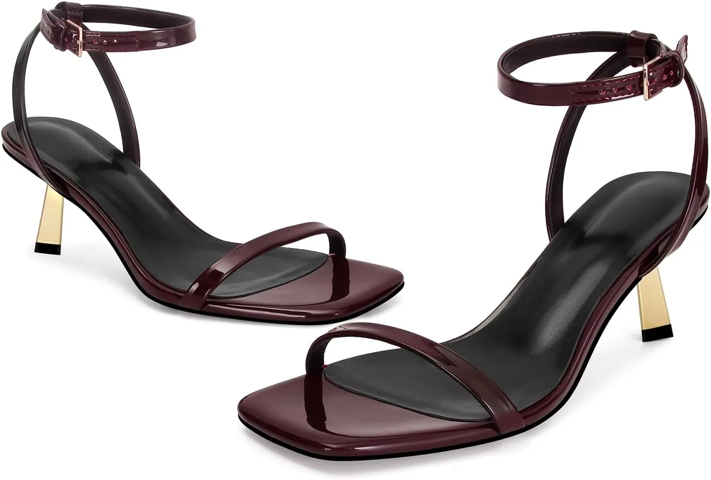 Dsevht Gold Strappy Heels for Women Kitten Heel Sandals Open Square Toe Stiletto High Heels with Ankle Strap Comfort Dress Party Shoes