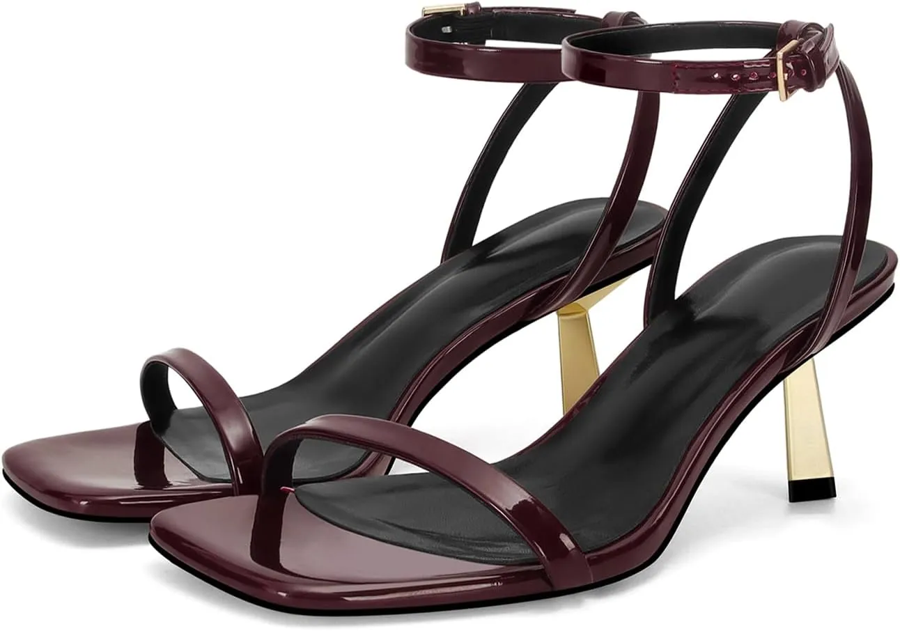 Dsevht Gold Strappy Heels for Women Kitten Heel Sandals Open Square Toe Stiletto High Heels with Ankle Strap Comfort Dress Party Shoes