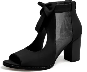 EFTCAL Women's Open Toe Cutout Bowknot Mesh High Heel Sandals with Arch Support,Fish Mouth Open Back Zipper Chunky Heel Sandals Wedding Party Dinner Dressy Sandals