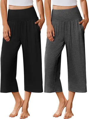 Ekouaer Womens Pajama Pants Wide Leg Capri Yoga Pants Lounge Comfy Sleep Pj Bottoms with Pockets