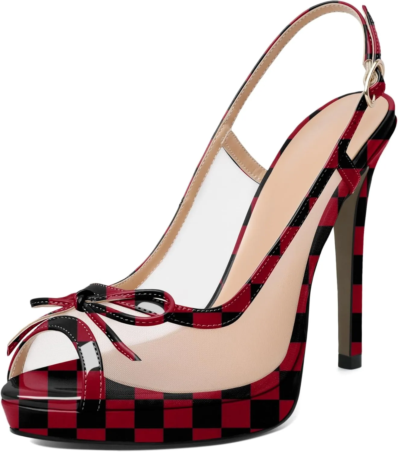 Eldof Women’s High Heel Platform Sandals, Peep Toe Slingback Sandals, Stiletto Heels with Bows Mesh Dating Party Wedding Dress Shoes 5 Inches