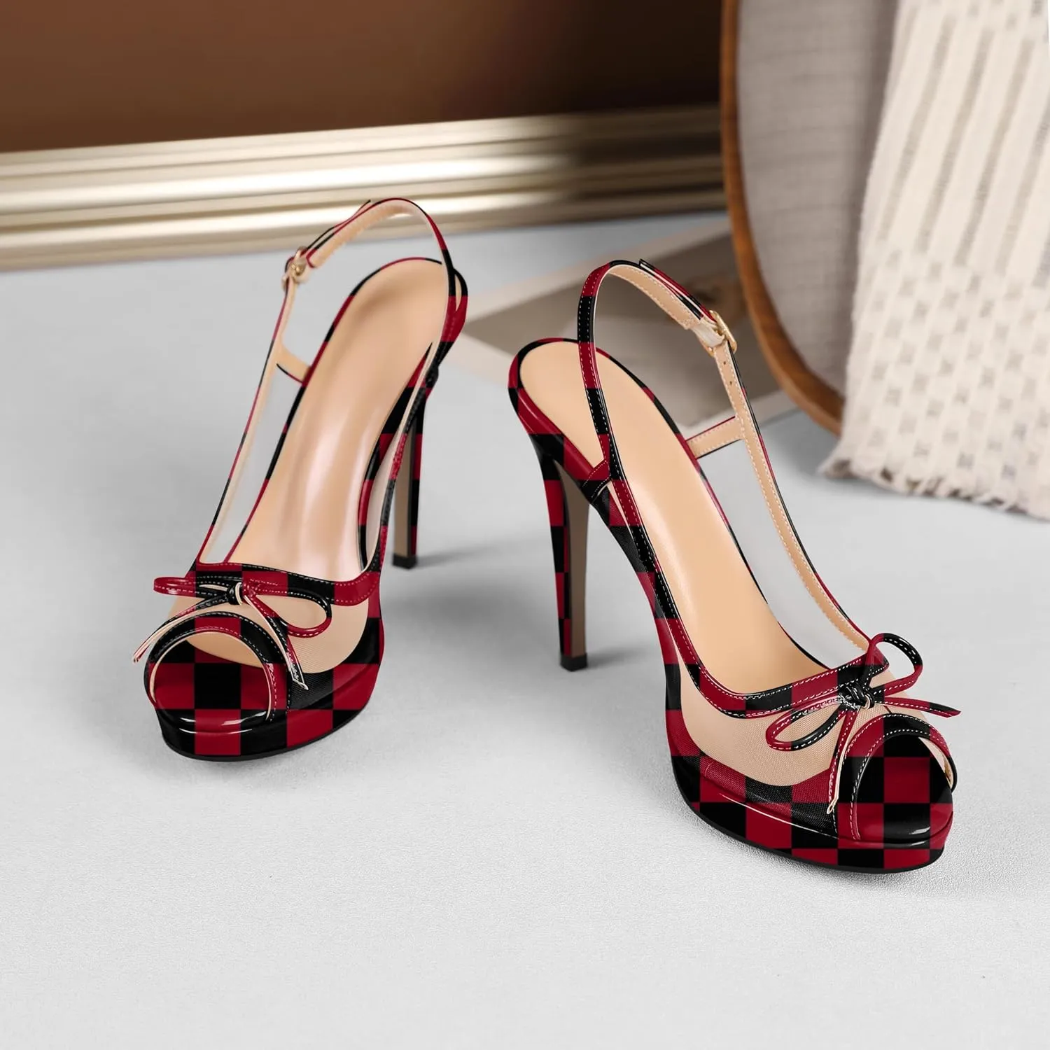 Eldof Women’s High Heel Platform Sandals, Peep Toe Slingback Sandals, Stiletto Heels with Bows Mesh Dating Party Wedding Dress Shoes 5 Inches