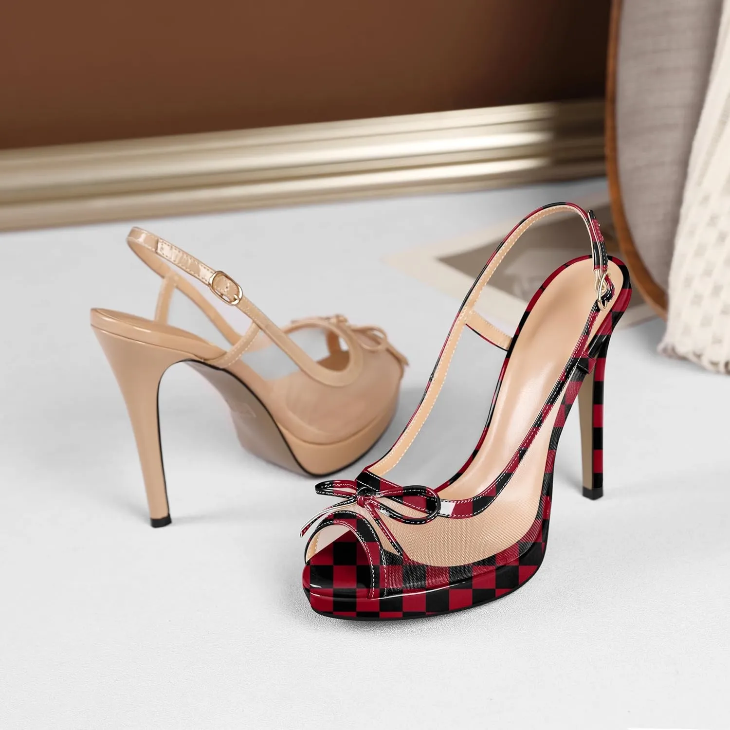 Eldof Women’s High Heel Platform Sandals, Peep Toe Slingback Sandals, Stiletto Heels with Bows Mesh Dating Party Wedding Dress Shoes 5 Inches