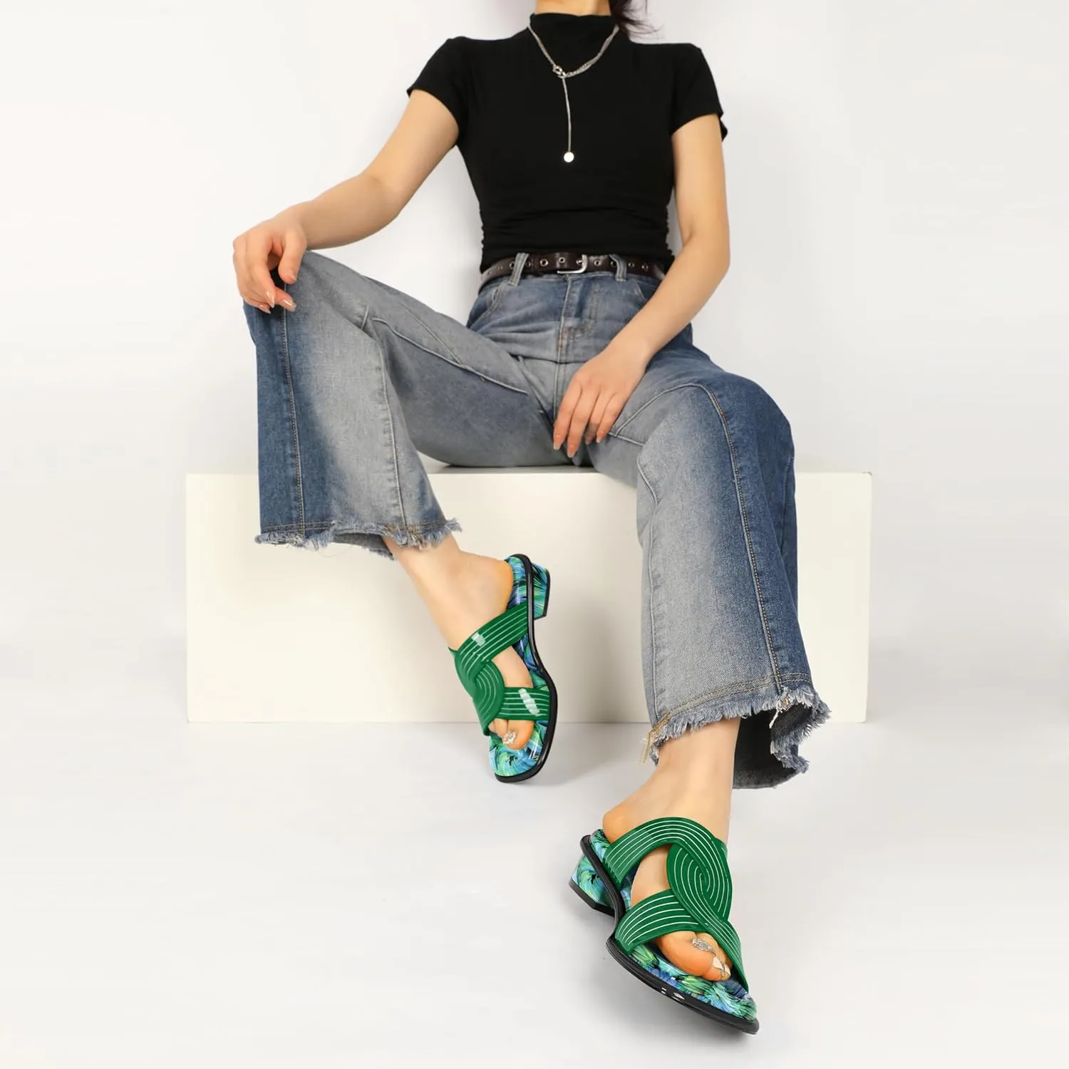 Esvowido Women Low Heel Sandals Square Open Toe Block Chunky Heel Slip On Mules Summer Casual Beach Vacation 1.25 Inch Shoes