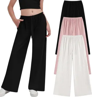 EXARUS 3 Pack Girl's Wide Leg Baggy Sweatpants Flowy Drawstring Waist Loose Long Sweat Pants Casual for Teen 8-14Y