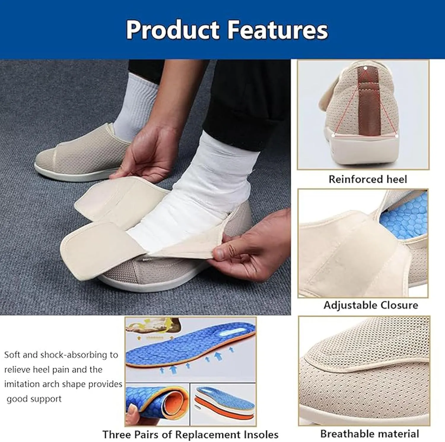 Extra Wide Walking Sneakers, Lightweight Comfort Elderly Shoes, Orthopedic Comfy Casual Slippers, with Adjustable Closure, Ideal for Diabetes, Edema, Swollen Feet