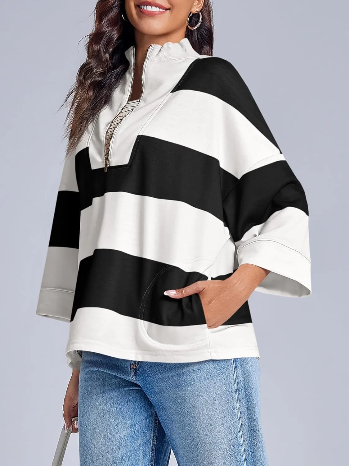 Fisoew Women's Color Block Oversized Sweatshirts Half Zip Striped 3/4 Sleeve Casual Pullover Tops