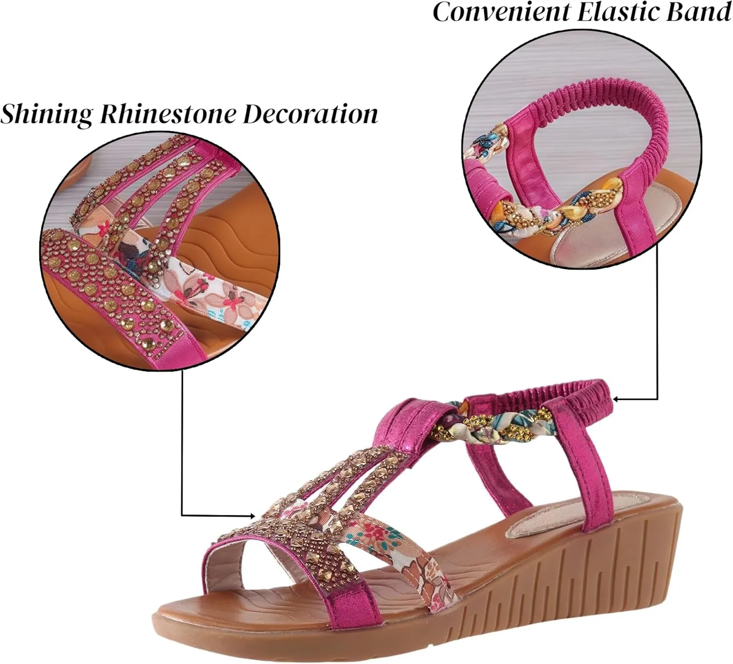 Flat Sandals for Women Dressy Rhinestone Ankle-Strap Summer Walking Sandals Arch Support Comfortable Open Toe Fashion Sandals