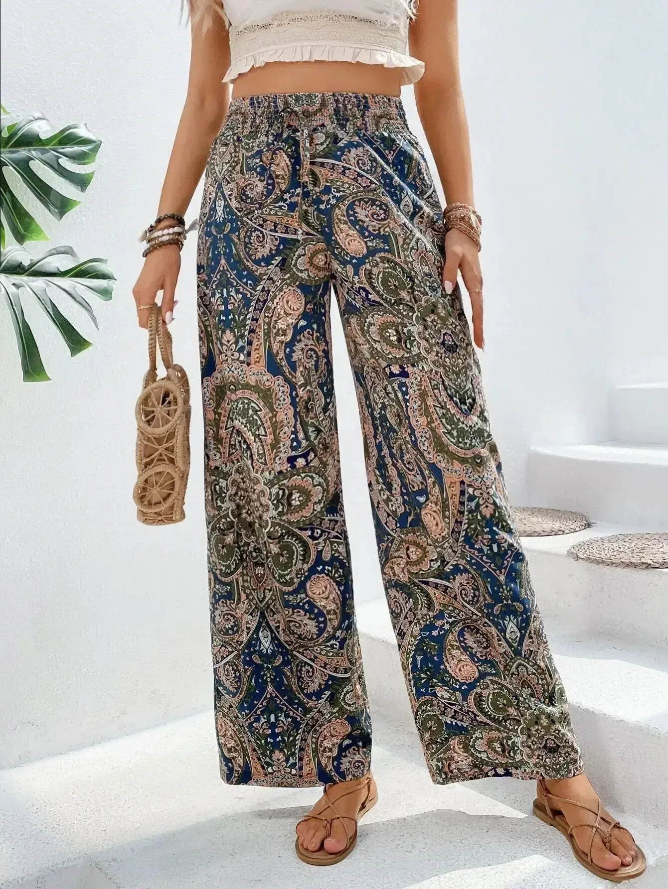 Floral Printed Elastic-Waist Wide-Leg Pants – Summer Casual