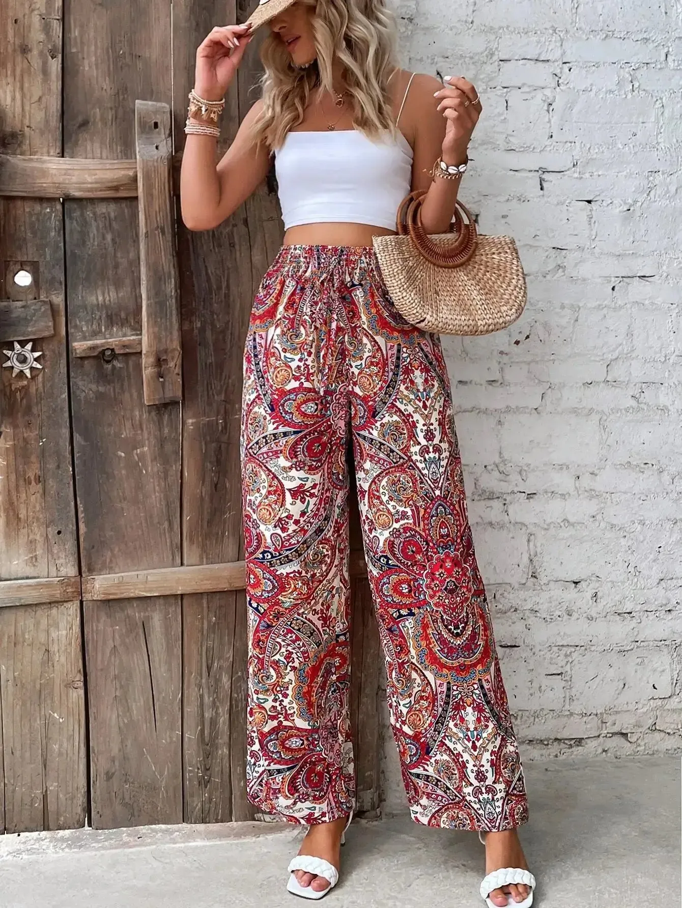 Floral Printed Elastic-Waist Wide-Leg Pants – Summer Casual