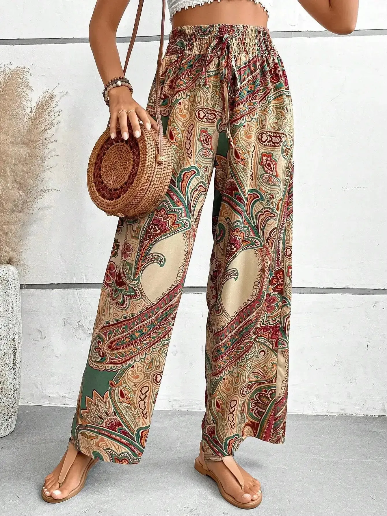 Floral Printed Elastic-Waist Wide-Leg Pants – Summer Casual