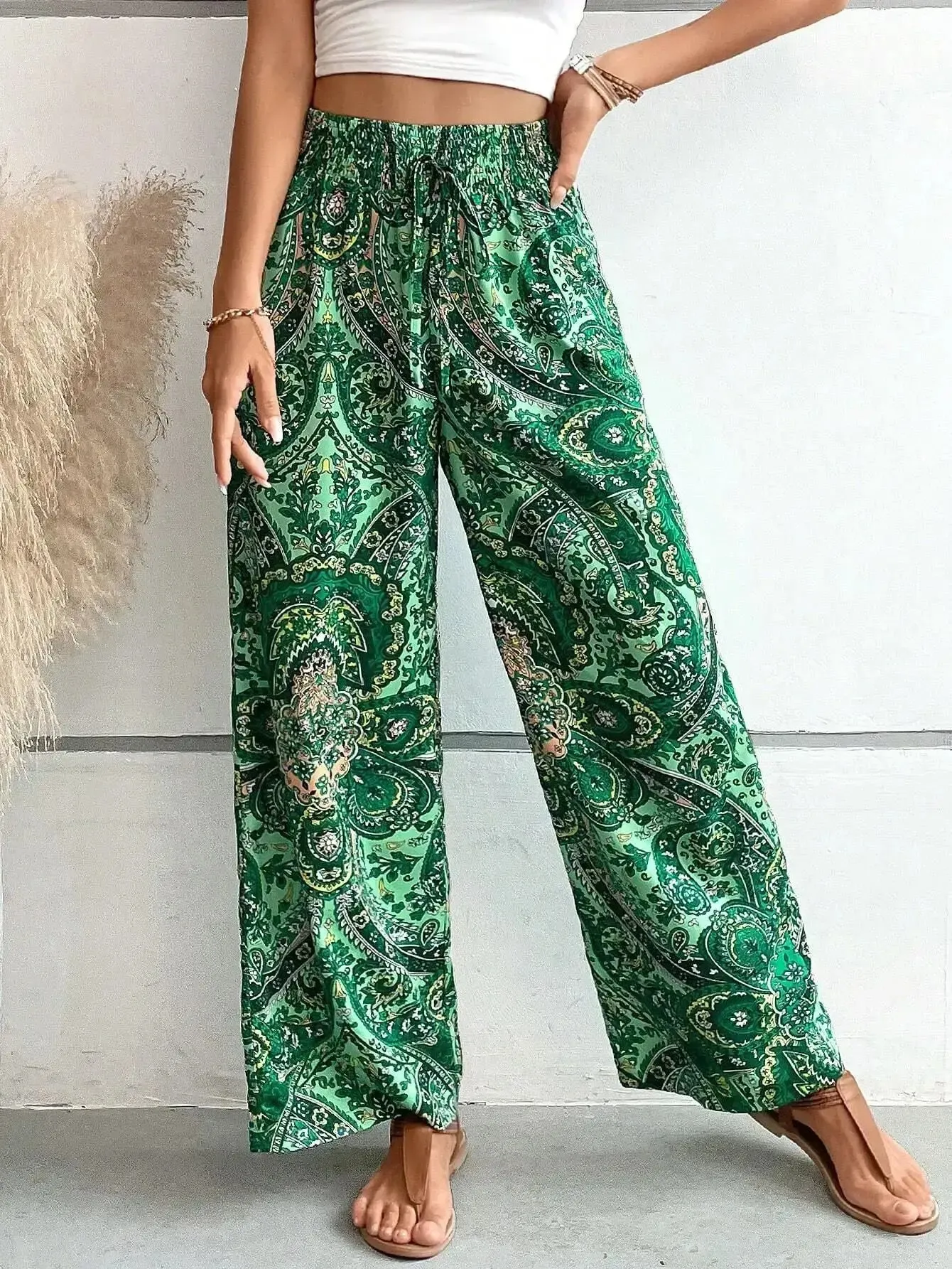 Floral Printed Elastic-Waist Wide-Leg Pants – Summer Casual