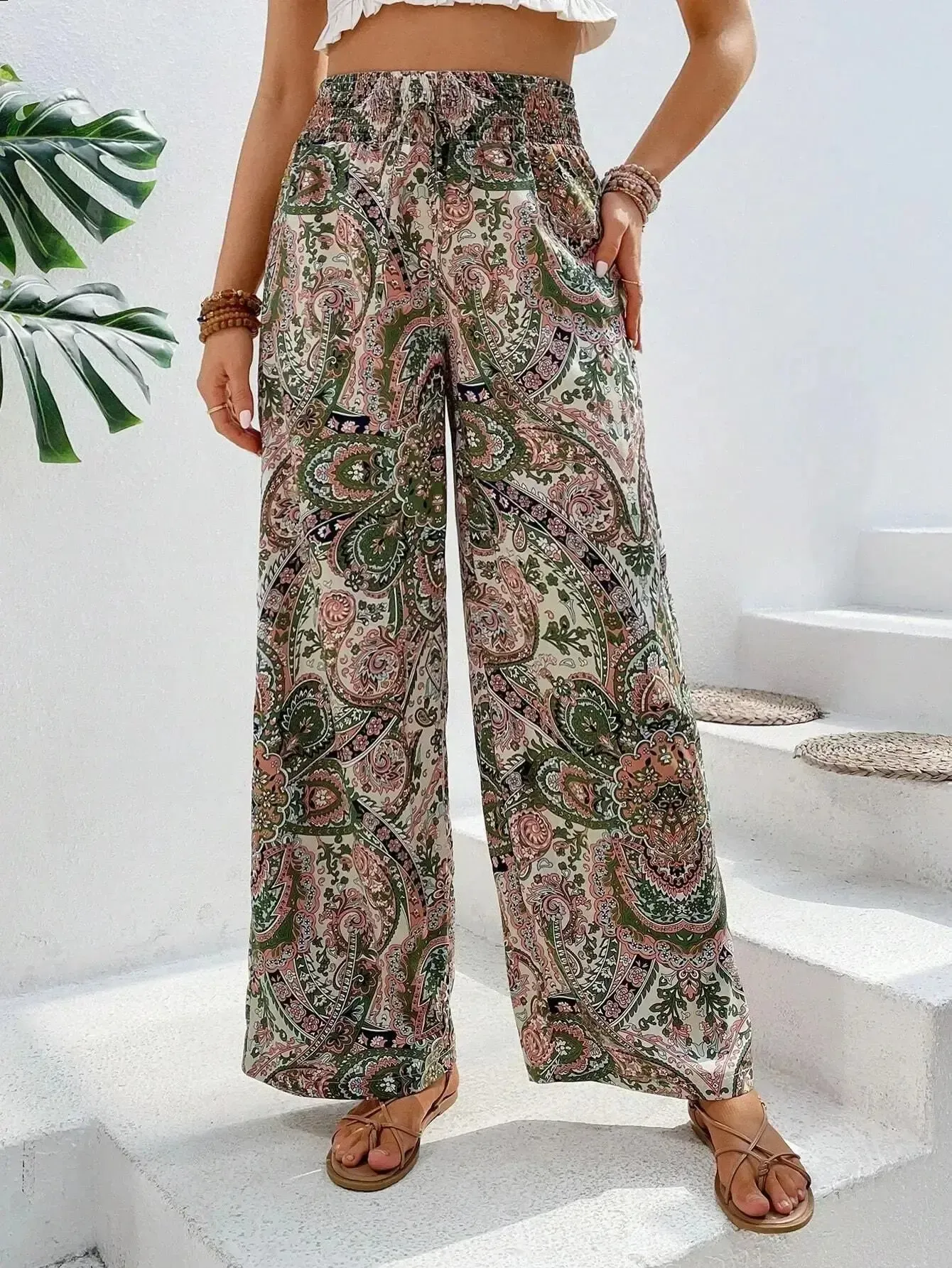 Floral Printed Elastic-Waist Wide-Leg Pants – Summer Casual