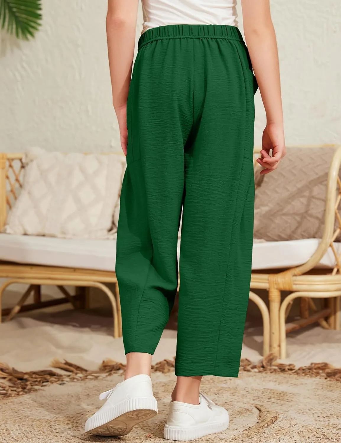 Flygo Girls Wide Leg Pants Casual Flowy Elastic Waist Palazzo Harem Trousers with Pockets 5-14Y