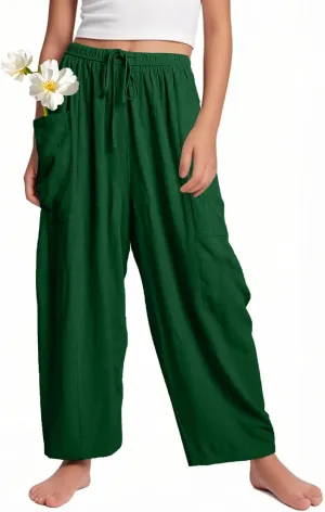 Flygo Girls Wide Leg Pants Casual Flowy Elastic Waist Palazzo Harem Trousers with Pockets 5-14Y