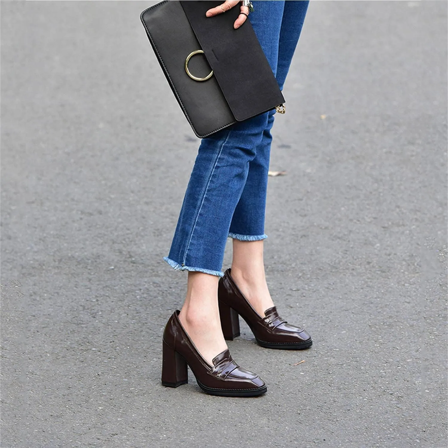 FOWT Dressy High Block Heels Loafers for Women Classical Square Toe Pumps Comfortable Slip On Walking Shoes School Uniform Goth Oxfords US Size 4-16 M