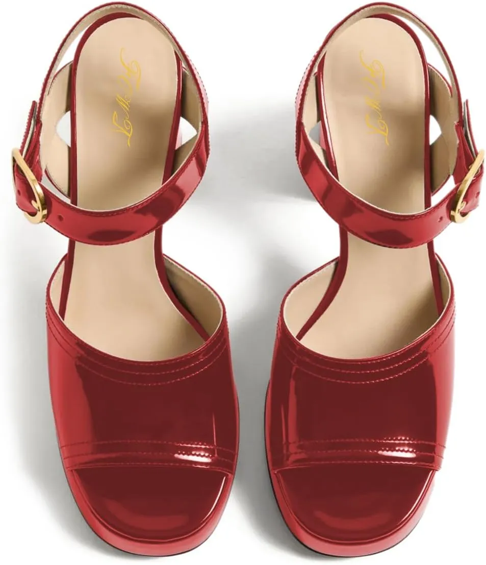 FOWT Women Fashion Glossy Chunky High Heel Platform Sandals Open Toe Ankle Strap Buckle Evening Dress Party Date Shoes Size 4-16 US