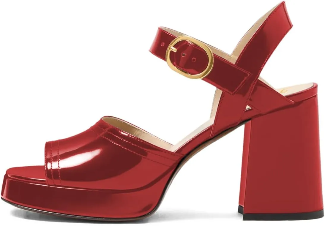 FOWT Women Fashion Glossy Chunky High Heel Platform Sandals Open Toe Ankle Strap Buckle Evening Dress Party Date Shoes Size 4-16 US