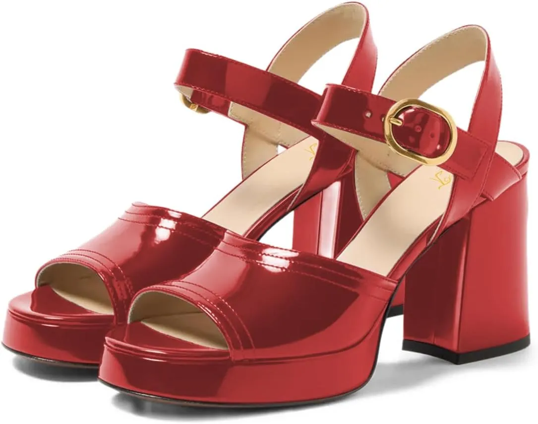 FOWT Women Fashion Glossy Chunky High Heel Platform Sandals Open Toe Ankle Strap Buckle Evening Dress Party Date Shoes Size 4-16 US